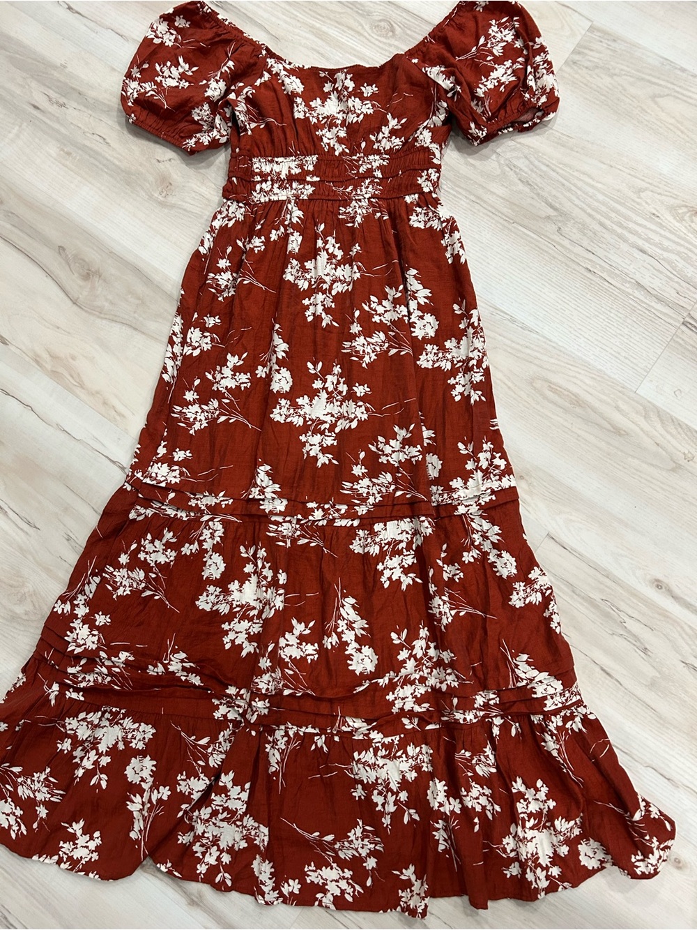 Rust Floral Puff-Sleeve Tiered Maxi Dress